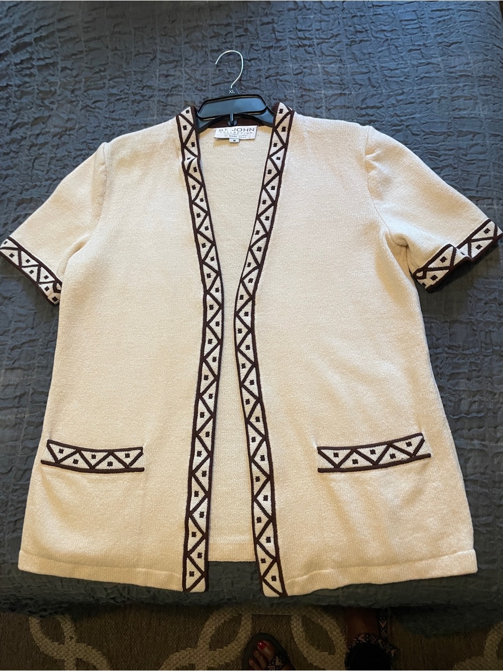 St‎ John Collection Knit Open Cardigan Short Sleeve Cream Geometric Trim M